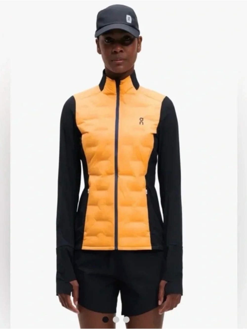 On Cloud Women’s Climate Jacket Running Lightweight Puffer Mango Black Sz S